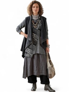 Trisha Tayler Mixed Media Houndstooth Lagenlook Knit Tunic Sweater SZ L